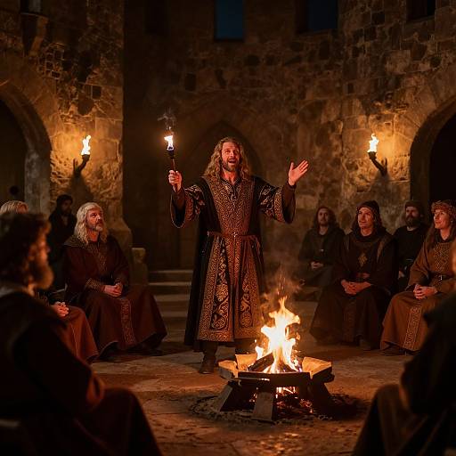 Photograph of a bearded man in medieval garb with long hair, holding torches, standing before a stone-walled courtyard fire, surrounded by