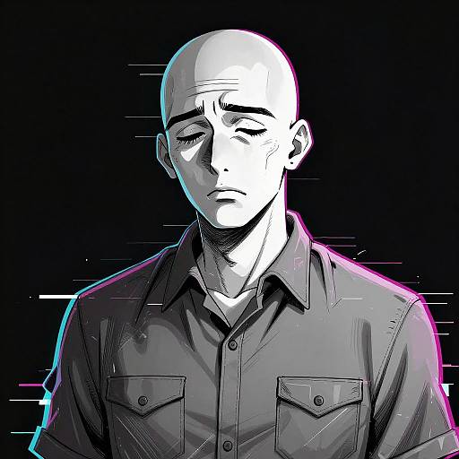 Digital anime-style drawing of a bald, sad-eyed man in a button-up shirt, illuminated by stark white light against a black background.