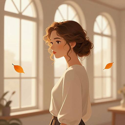Digital anime-style drawing of a young woman with wavy brown hair in a bun, wearing a white blouse, standing by sunlit arched windows with