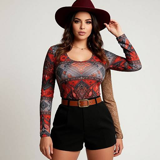 Photograph of a woman with long dark hair, wearing a black wide-brimmed hat, red and black lace long-sleeve top, black