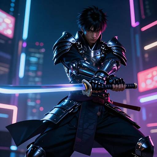 CGI image of a fierce, armored male warrior with spiky black hair, holding a glowing blue sword in a neon-lit futuristic city.