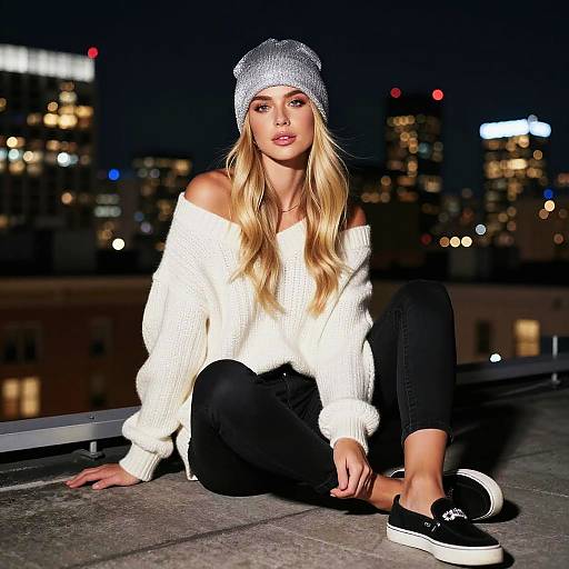 Photograph of a blonde woman with long hair, wearing a white off-shoulder sweater, black pants, gray knit beanie, and black sneakers