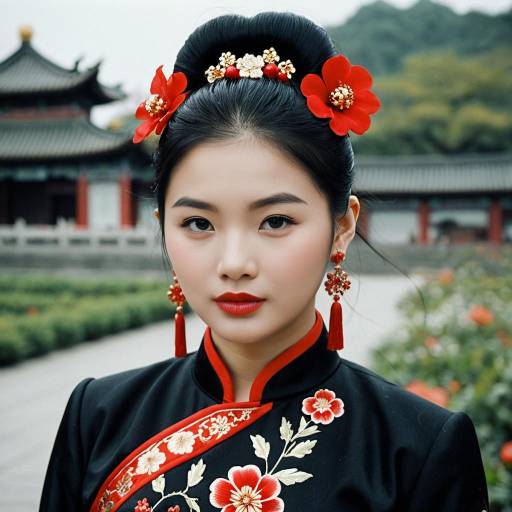 Chinese Woman in Traditional Outfit with Floral Hair Ornaments