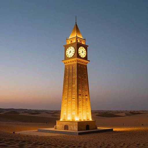 Photograph of a illuminated clock tower in a desert at dusk, with a clear blue-purple sky and dunes in the background.