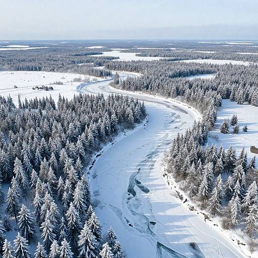 Aerial photograph of a snow-covered forest with winding river, dense conifer trees, and bright white snow contrasting dark green trees.