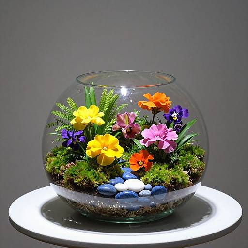 Photograph of a colorful glass fishbowl on a white illuminated base, filled with vibrant yellow, orange, pink, and purple flowers, green moss