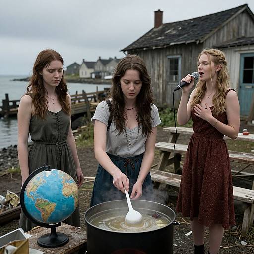 Photograph of three young women in vintage dresses; one stirs a pot while singing, another stands with a globe, and the third looks on;