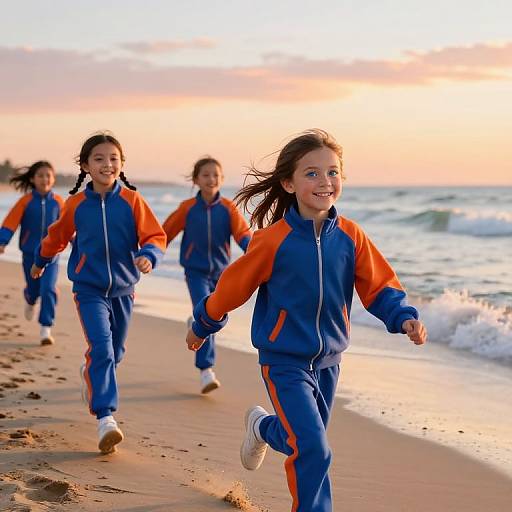 Photograph of four young girls in blue and orange track suits running joyfully on a sandy beach at sunset, with waves in the background.