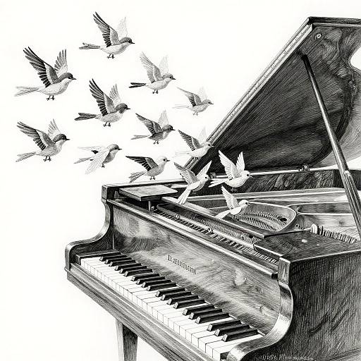 Ink drawing of a grand piano with black and white keys, birds flying from the hammers, blending realism and fantasy.