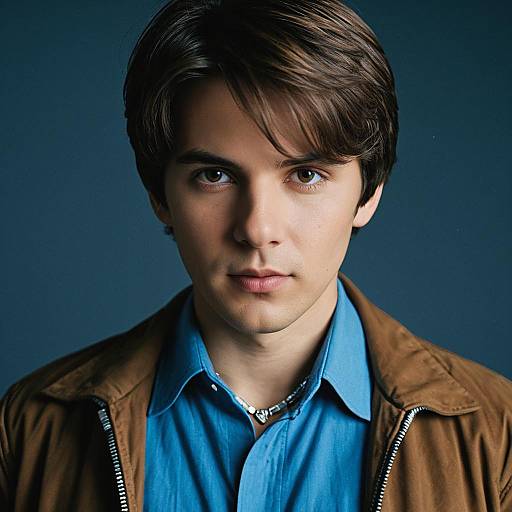 Portrait of Young Man in Blue Shirt and Brown Jacket