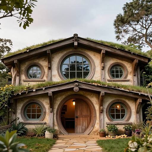 Photograph of a rustic, two-story hobbit house with circular windows, wooden door, grass-covered roof, and lush garden in foreground.