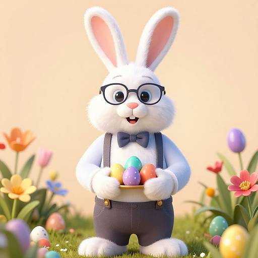 CGI image of a white, fluffy bunny with black glasses, bowtie, and suspenders, holding colorful Easter eggs, standing in a vibrant,