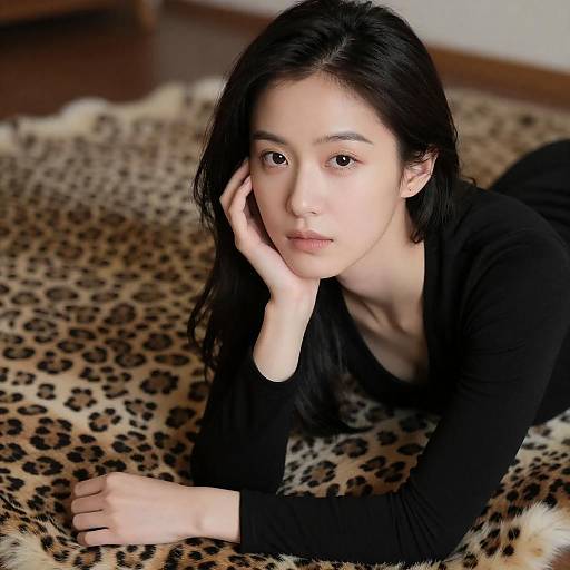 Asian Woman Lying on Leopard-Print Fur