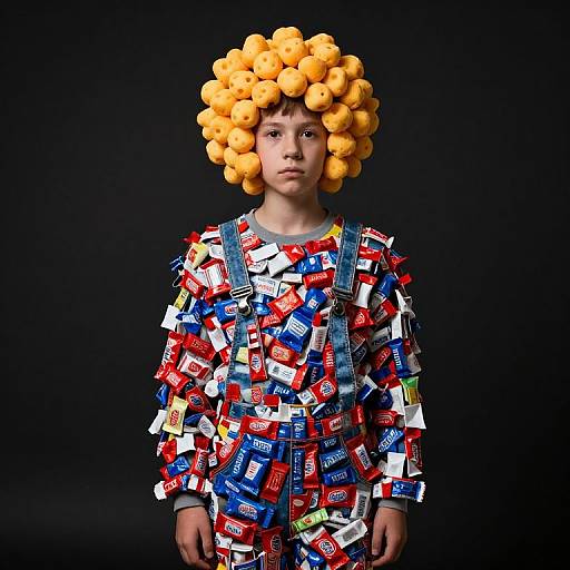 Photograph of a serious young child with an orange orange-hairpiece, wearing a colorful, crumpled denim and candy wrapper outfit, against a