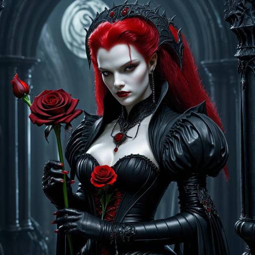 Vampire Woman with Crimson Hair and Blood-Red Roses