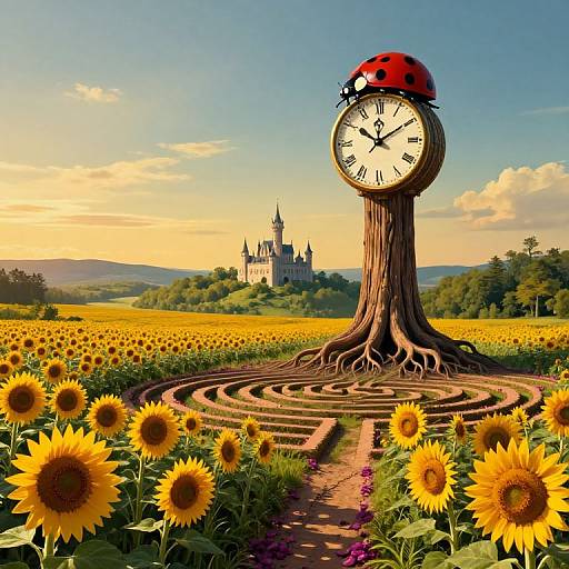 Photograph of a whimsical clock tree with a red ladybug shell, standing in a sunflower field, with a castle in the background under a