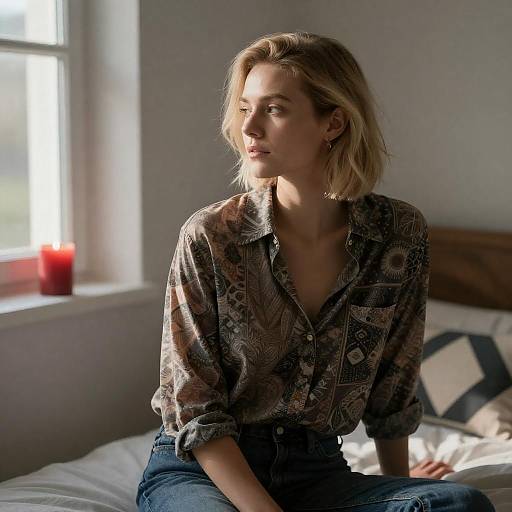 Short-Haired Blonde in Sunlit Bedroom