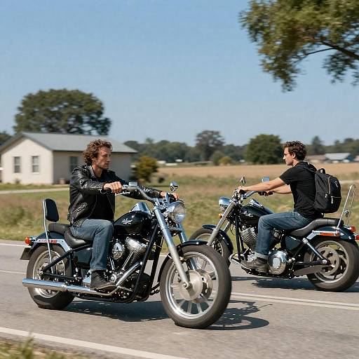 Two Men Riding Chrome Chopper Motorcycles on Rural Road