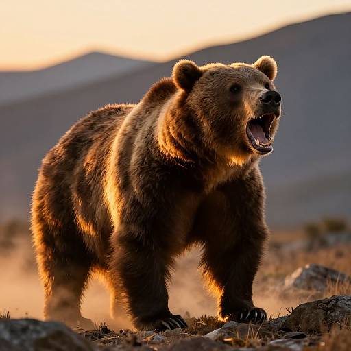 Fierce Bear Roaring at Sunset