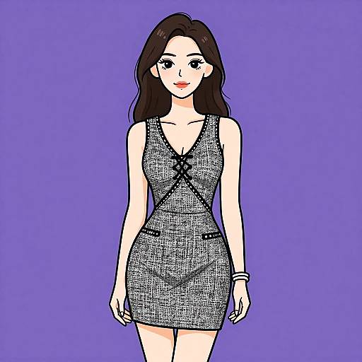 Digital drawing of a fair-skinned woman with long brown hair, wearing a black and white patterned, sleeveless dress, against a solid purple background