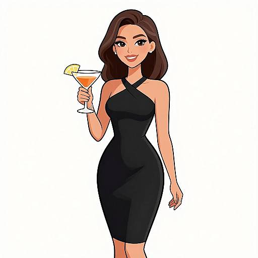 Digital cartoon of a smiling woman with dark brown hair, wearing a black halter dress, holding a cocktail with an orange slice.