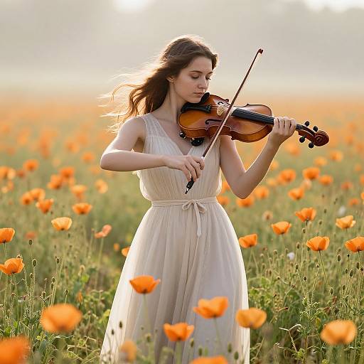 Photograph of a young woman with long brown hair, wearing a flowing white dress, playing a violin in a sunlit orange poppy field.