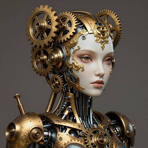 CGI portrait of a white-faced, steampunk-style android with intricate golden gears and cogs on the head and shoulders, against a dark gray