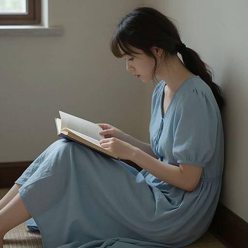 Photograph of a young Asian woman with long black hair in a light blue, puffed-sleeve dress, reading a book while sitting on a
