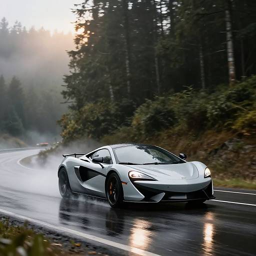 Photograph of a sleek, white sports car with black accents speeding on a wet, rain-slicked forest road, surrounded by misty, dense