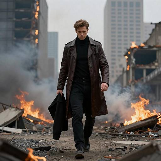 Man Walking Through Burning Ruined City