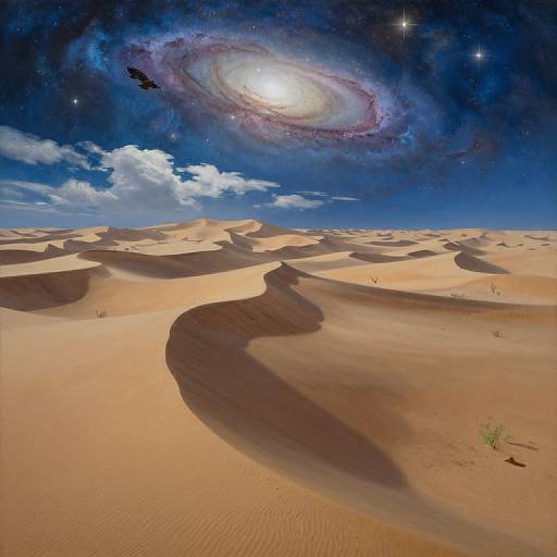 Photograph of a desert landscape with rolling sand dunes under a vivid blue sky, featuring a glowing spiral galaxy and stars.