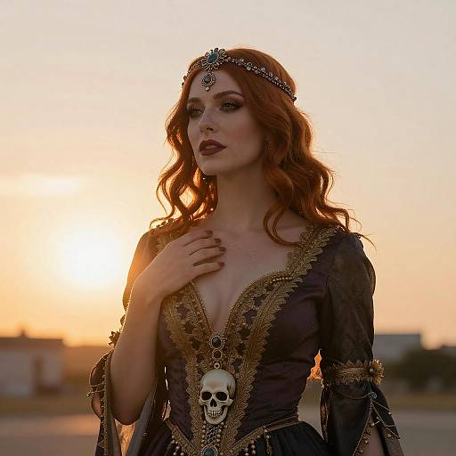 Woman in Ornate Dress at Sunset