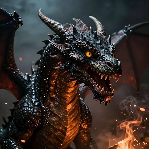 Photorealistic digital artwork of a fierce, black-scaled dragon with glowing orange eyes, sharp teeth, and horns, standing amidst flames and dark,