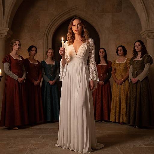 Photograph of a woman in a white lace V-neck gown holding a candle, standing in a dimly lit stone archway, surrounded by seven women