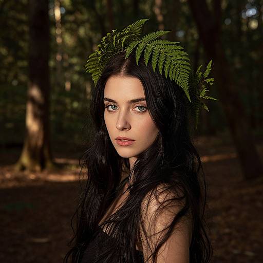 Photograph of a pale-skinned woman with long black hair, wearing a green fern crown, standing in a dark, forested background. Her piercing