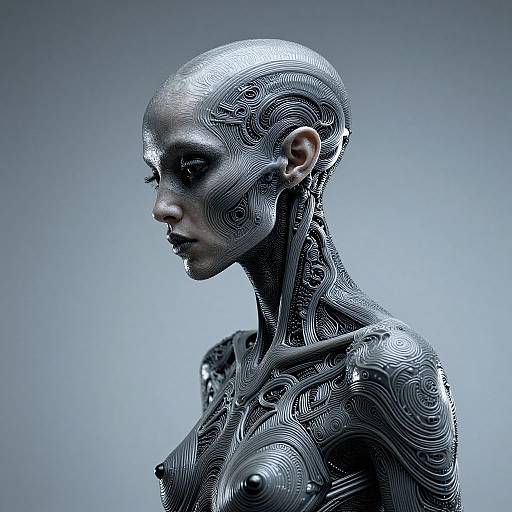Photorealistic digital art of a bald, androgynous, silver-toned humanoid with intricate, swirling mechanical patterns covering their head and upper body
