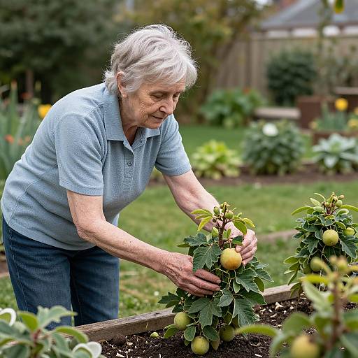 Photograph of an elderly woman with white hair, wearing a light blue polo shirt and jeans, picking yellow pears in a lush garden. Background includes