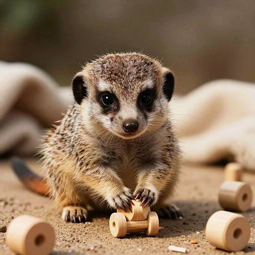 Photograph of a curious meerkat with dark eyes and brown and white fur, playing with wooden wheels on a dirt ground.