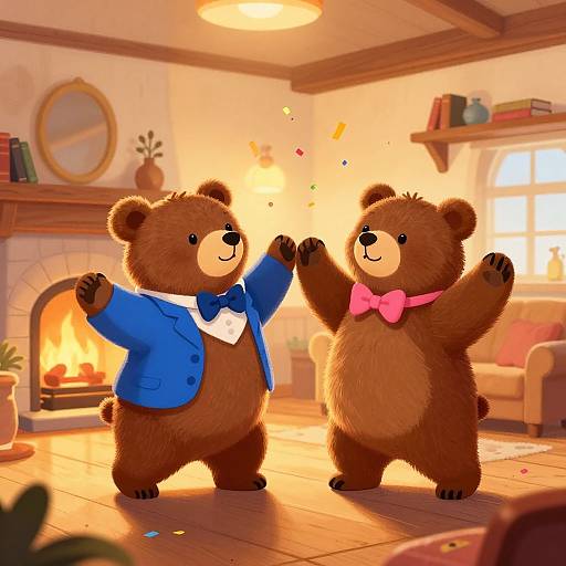 Digital illustration of two cute brown teddy bears dancing in a cozy, sunlit living room; one wears a blue jacket with bowtie, the other