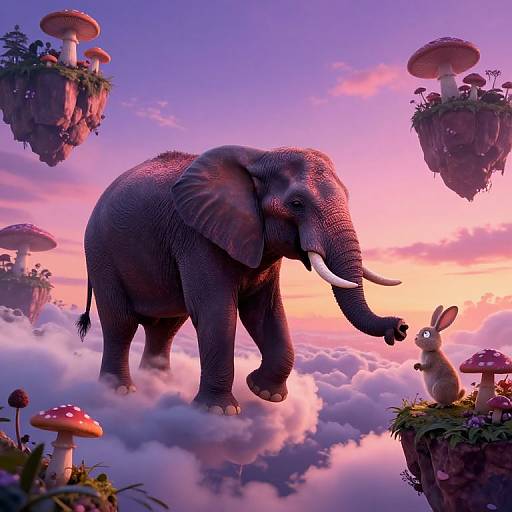 Digital art of a majestic purple-tinted elephant standing on fluffy clouds, touching a rabbit on a mushroom island, with floating islands and vibrant pink-orange