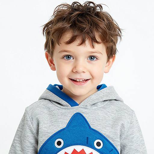 Photograph of a smiling young boy with blue eyes, wearing a gray hoodie with a blue, cartoonish shark design, against a white background.