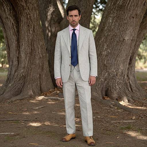 Photograph of a handsome man with short dark hair, wearing a light gray suit, white shirt, blue tie, and tan shoes, standing in front