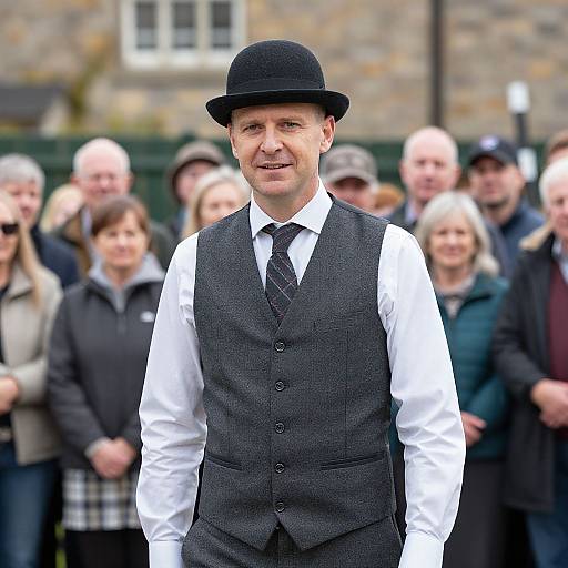 Photograph of a middle-aged man in a black bowler hat, white shirt, and gray vest, standing in front of a smiling crowd in outdoor