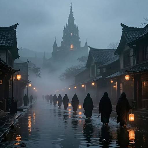 Misty, blue-lit photograph of silhouetted figures in hoods walking on a wet, reflective street towards a fog-covered, Gothic-style