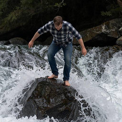 Man Balancing on Rock in River Rapids