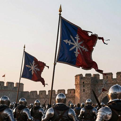 Photograph of medieval soldiers in shiny armor, holding tattered blue flags with white stars, in front of a stone castle.