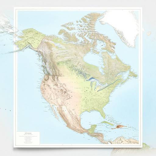Digital map of North America with a white, textured overlay, highlighting topography and terrain features, bordered by a thin white frame.