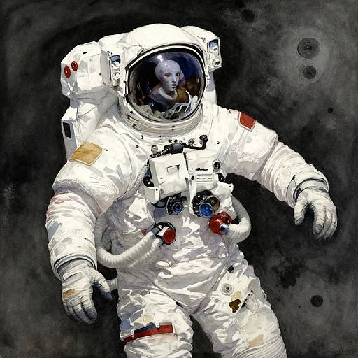 Digital painting of an astronaut floating in space, wearing a white spacesuit with patches, visible face in helmet, dark cosmic background.