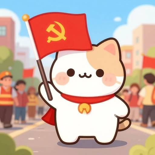 Cute cartoon white cat with red scarf and flag, holding red flag with hammer and sickle, standing on city street.