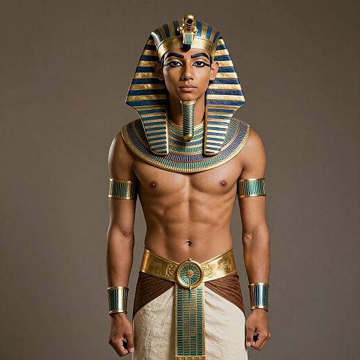 Photograph of a muscular, tan-skinned man in ancient Egyptian attire: striped headdress, gold and blue jewelry, striped kilt, gray background